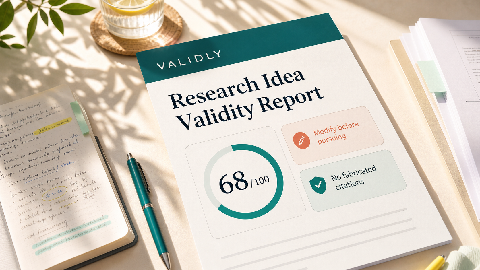 Researcher reviewing a polished Validly-style report on a desk